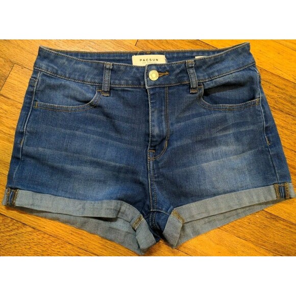 Womens Pacsun Blue Cuffed Super Stretch Shortie Distressed Denim Shorts Size 27 - Picture 1 of 7